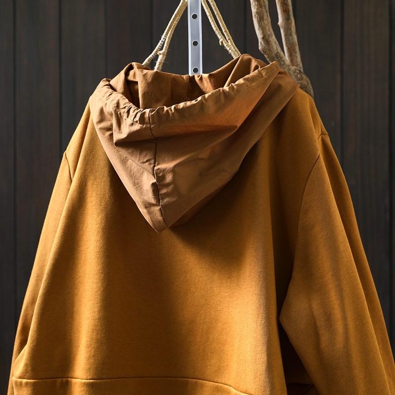 Johnature Women Vintage Hooded T-Shirts Solid Color Patchwork Pockets Autumn Long Sleeve Loose Casual T-Shirts