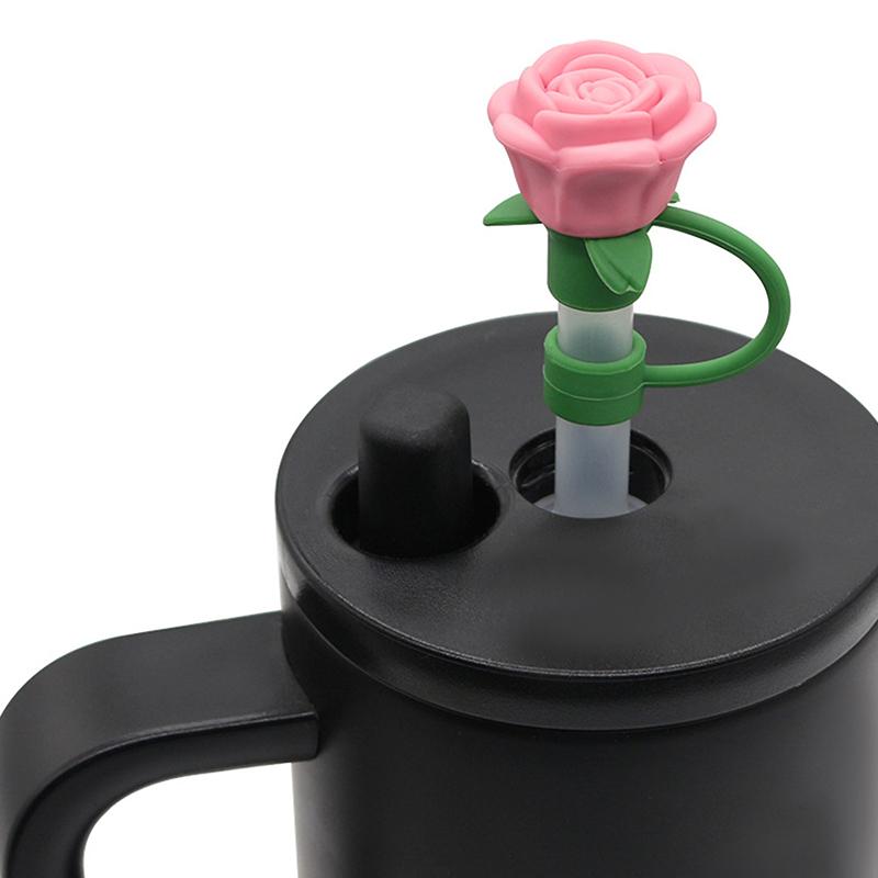 Bouchon de Paille Fleur de Rose 10mm pour Diamètre Silicone Large Résistant à la Chaleur Anti-poussière Bouchon de Paille Accessoire de Tasse