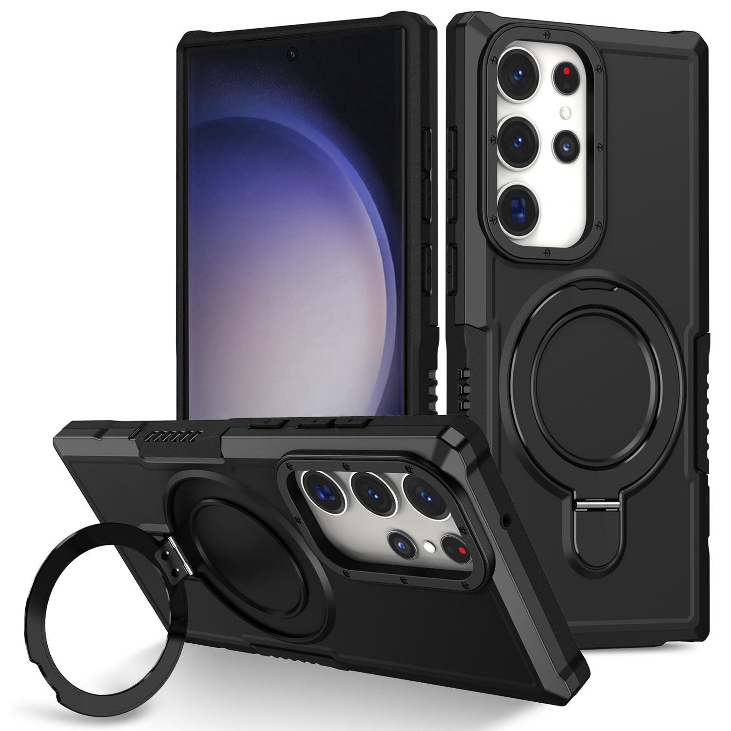 

For Samsung Galaxy S23 Ultra Case Magnetic TPU+PC Phone Cover with Ring Kickstand Black