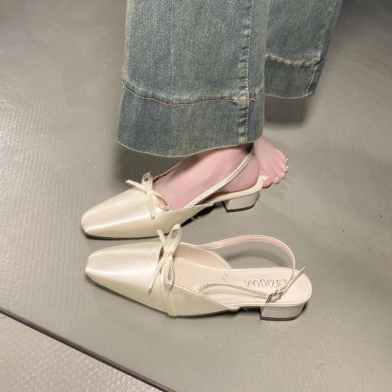 Gentle fairy Mary Jane shoes 2025 French temperament socialite bow square head light mouth empty evening sandals