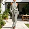 Cold Shoulder Knit Sweater Autumn Women Pants Set, & Wide Leg Breathable Spring Casual Wear Pants, Solid Color Long Sleeves Top Trousers Two
