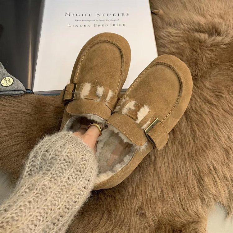 

Real soft leather Boken shoes women s retro 2025 new one-pedal beanie shoes women s flat bottom ugly cute velvet thermal cotton shoes 40