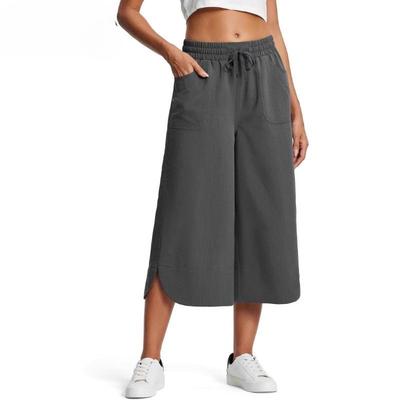 Women's Spring Summer Elastic Waist Solid Color Wide Leg Loose Casual Capri Pants