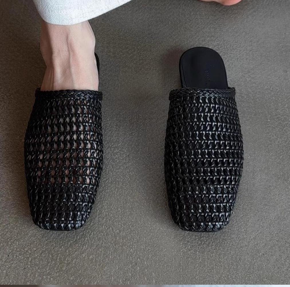 

New Woman Weave Hollow-out Shoes Women s Mules Square Toes Slippers 2026 Summer Ladies Daily Casual Slip-On Flat Shoes 39 чорний
