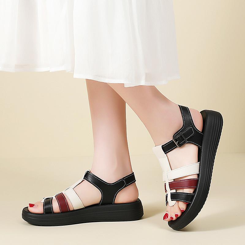 Women's Summer Black Leather Sandals Elevator Casual Slip On Plus Size Brown Walking Minimalist Roman Sandals for Girl