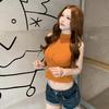 #Summer New Spice Girl Style Turtleneck Sleeveless Solid Color Splicing Vest Slim Fixed with Chest Pad Top