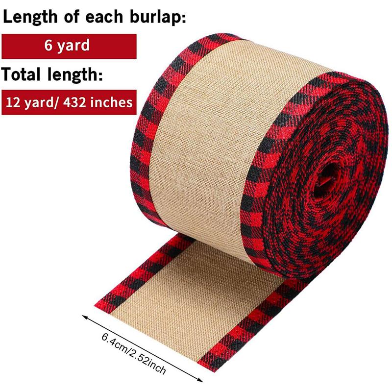 6X Buffalo Plaid Wired Edge Ribbons Christmas Burlap Fabric Craft Ribbon Wrapping Ribbon Rolls With Checkered Edge Red-B61B