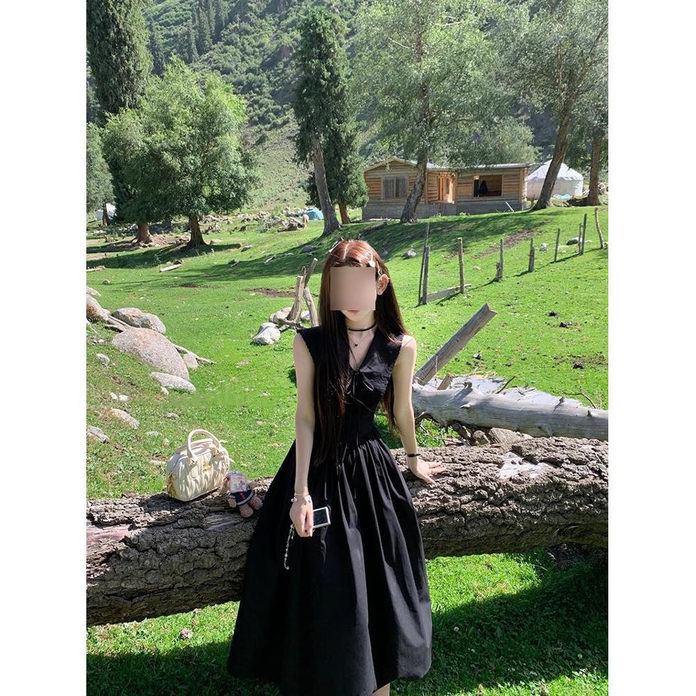 

Черное платье с V-образным вырезом, детское летнее новое длинное платье без рукавов, темпераментная красивая юбка XL- (Recommended 110-60kg)