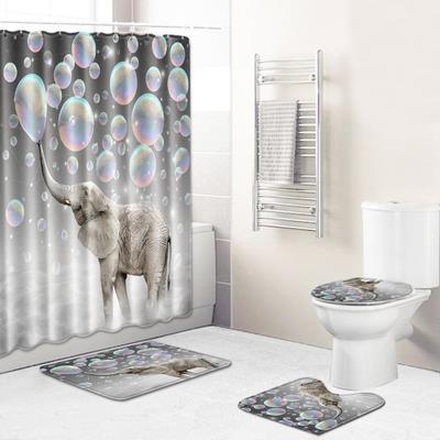 Elephant Lion Animal Shower Curtain Floor Mat Combination Set Toilet Carpet Shower Room Mat Foot Mat