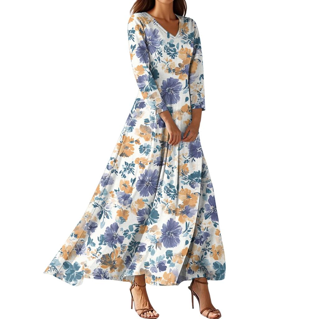 Women's Fashion V-Neck Floating Beach Dresses Seven Sleeve Floral Printed Dresses
