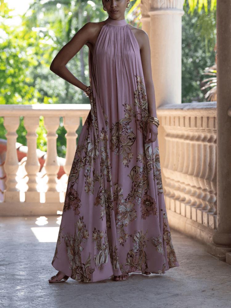 Elegant European and American High Neck Tie-up Print Loose Holiday Dress