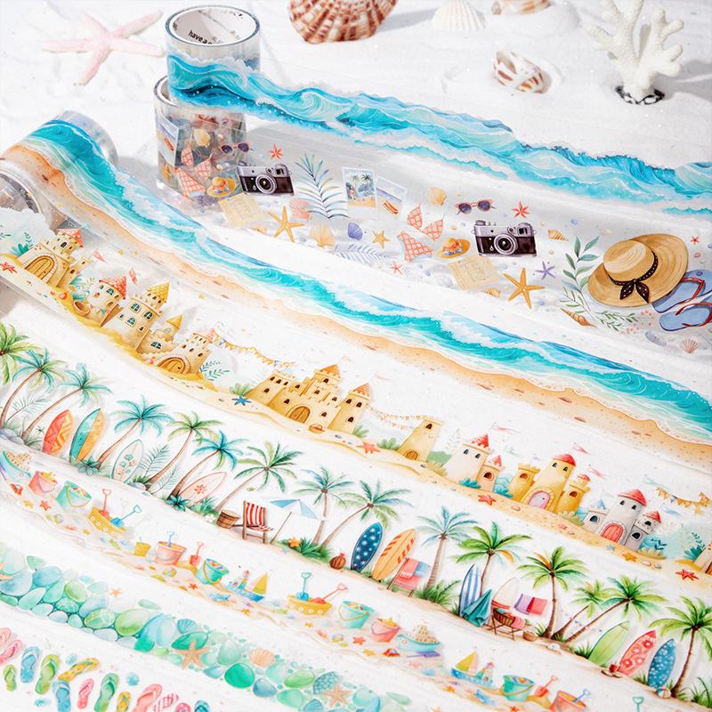 Midsummer Seaside Series PET Tape Set: 4 Styles, 2 Rolls of Seaside Scenery Stickers