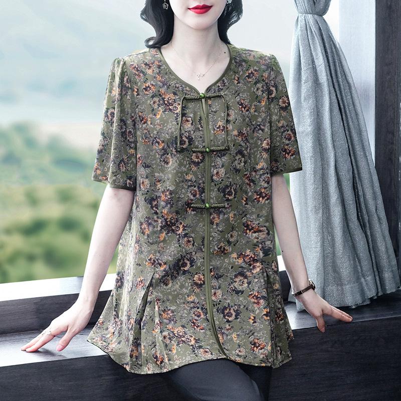 2025 Sommer Übergröße Chiffonbluse für Frauen mittleren Alters – Chinesischer Druck, Lässige Passform