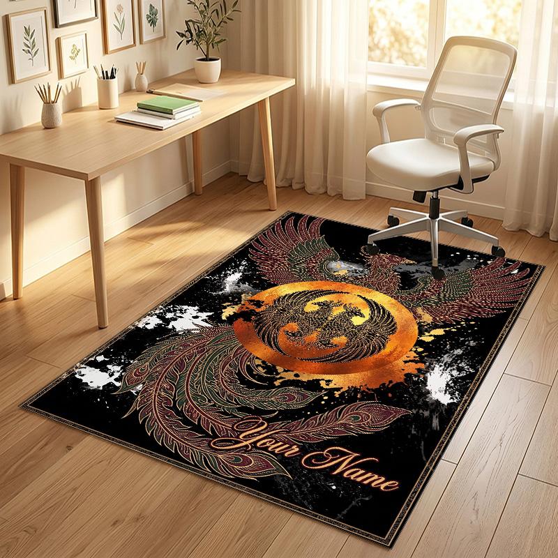 Dragon Phoenix Theme Crystal Velvet Rug Personalized Custom Name Text Soft Floor Mat Home Decor