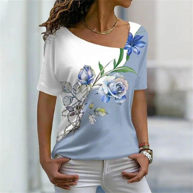 Summer Women's T-shirts 3d Flower Print V Neck Short Sleeve Tops Casual Ladies T Shirt Fashion Harajuku Tees Women Clothing Y2k