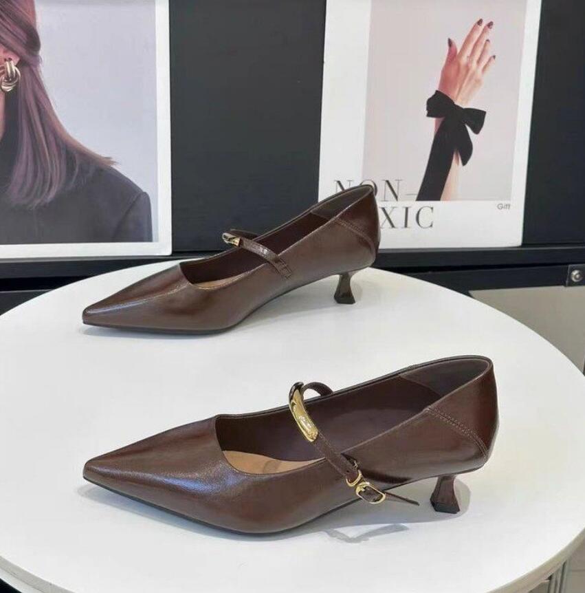 2026 French Vintage Pointed Mary Jane Shoes for Women Spring Workwear High Heels Woman Stiletto Heels Office Leather Shoes