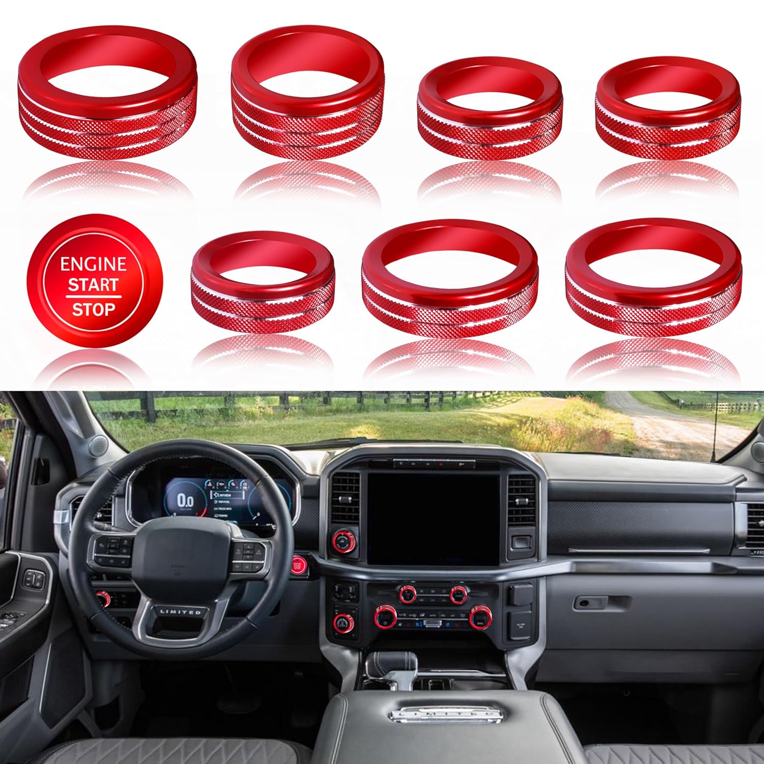 

for Ford F150 Accessories 2021-2024 2025/Super Duty F250 F350 F450 2023-2025 Knob Covers, AC, Volume, 4WD Drive Mode, Headlight, Pro Trailer, Push червоний