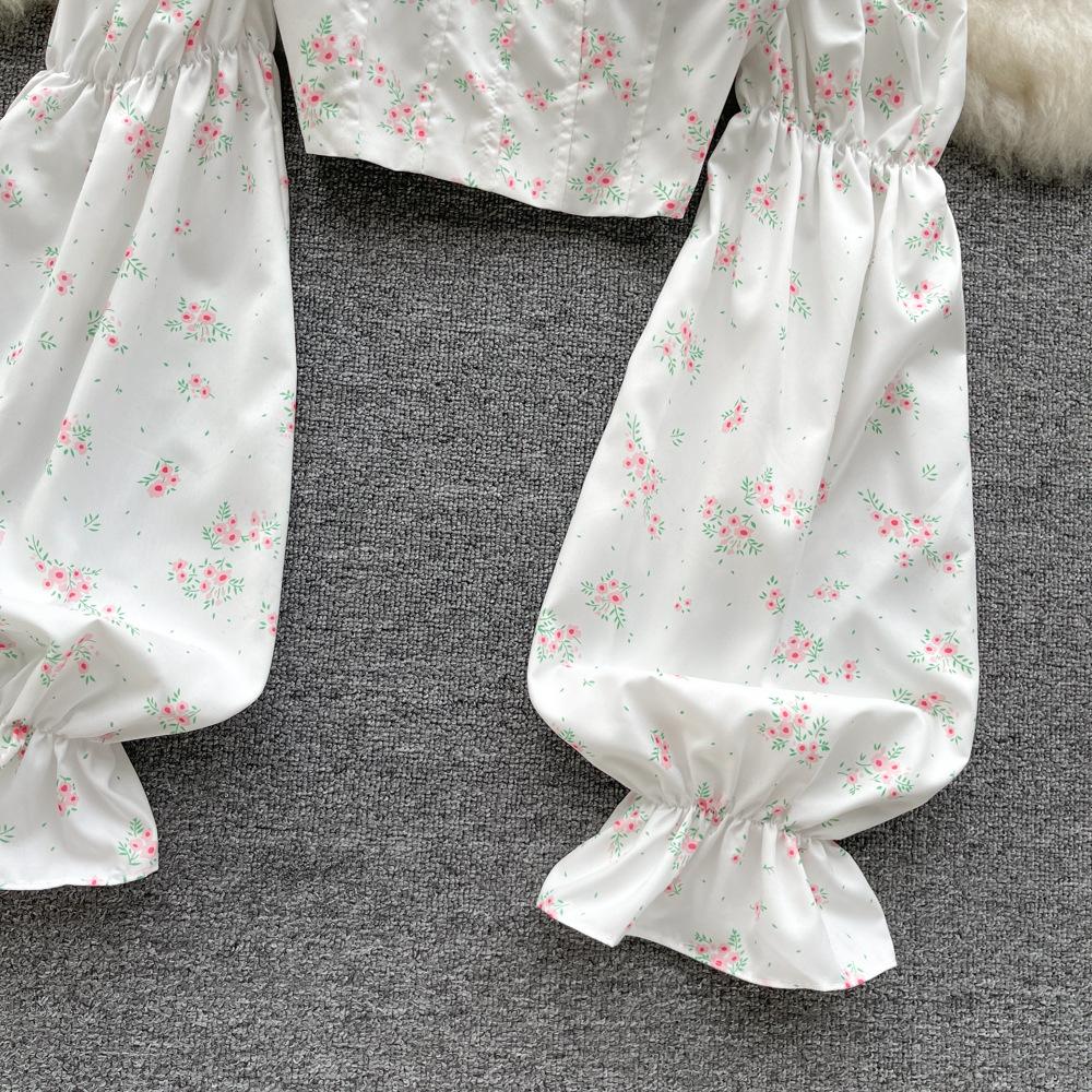 Women's Spice Girl One Shoulder Breasted Long Sleeve Shirt Backless Sweet Floral Short Temperament Top