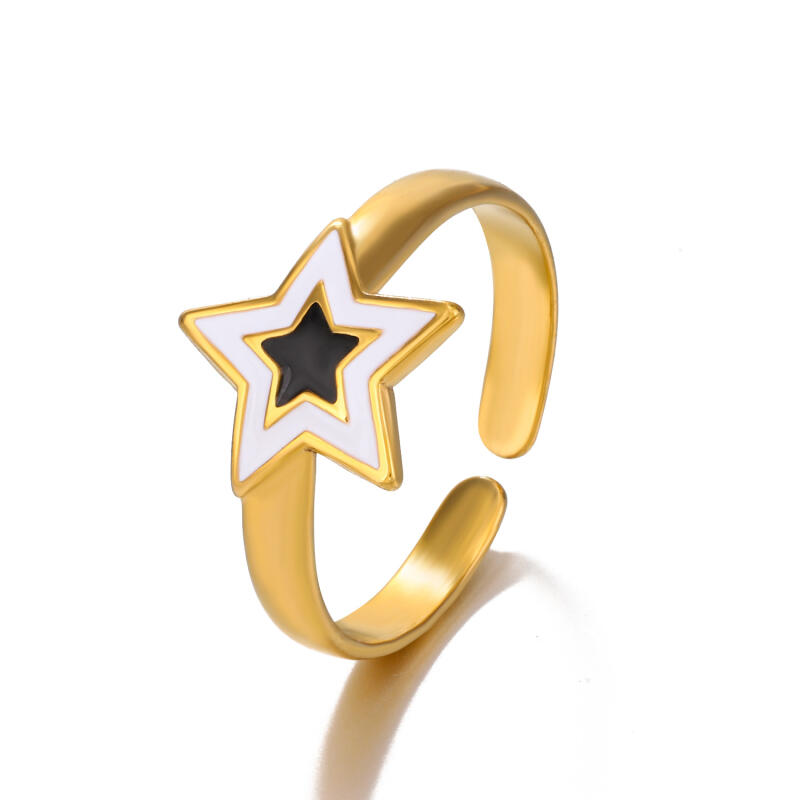 Stainless Steel Black White Drip Oil Pentagram Rings for Women Men Fashion Popular No Fading Opening Rings Jewelry Accessories