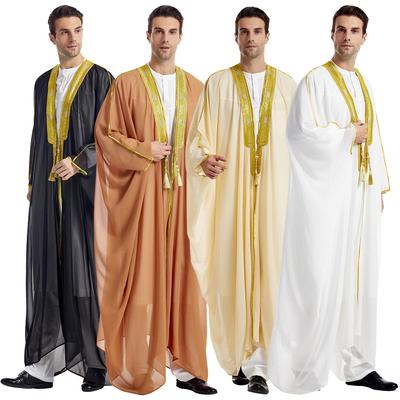 Men's Embroidered Chiffon Robe, TH834 - Long-Sleeved Arabic Tassel Design with Gold Beads