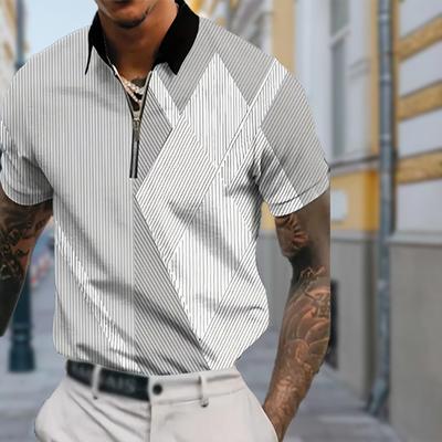 Camisa de hombre tipo polo con cremallera informal de manga corta a la moda con cremallera informal de verano y primavera, corte regular, estampado Muge, camisa con estampado 3D