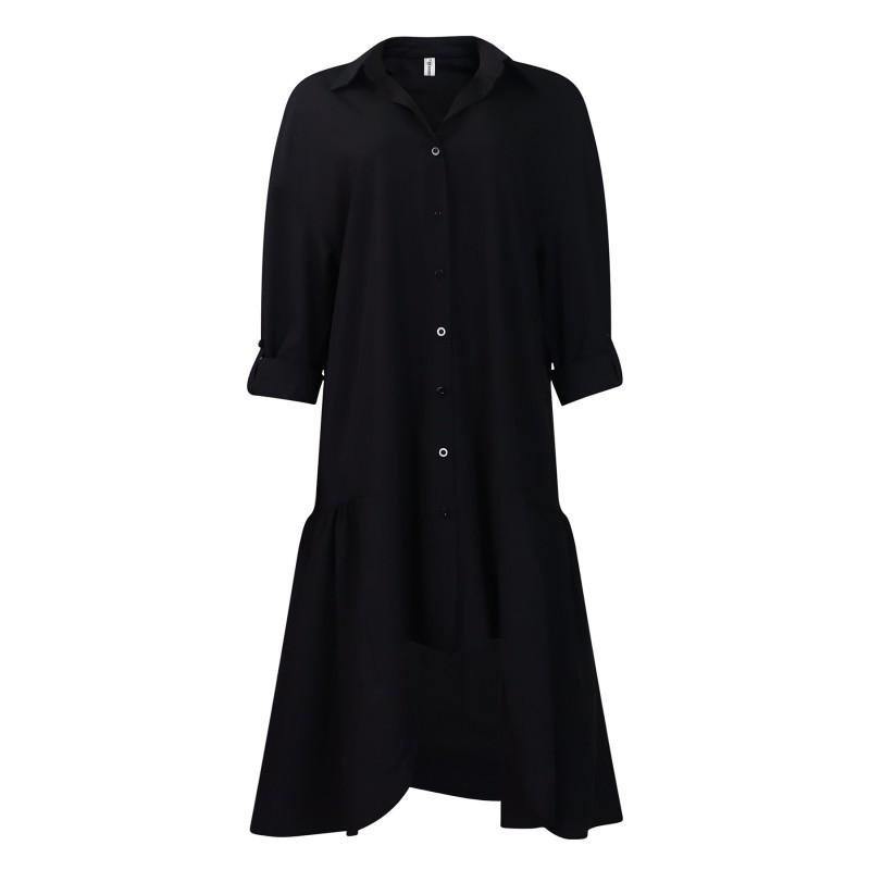 Summer New Style Fashionable Loose Long-sleeved Irregular Mid-length Dress Solid Color Large-size XL