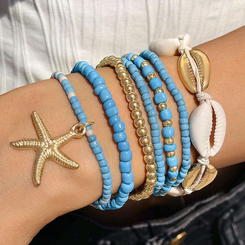 7Pcs Bohemian Shell Bracelet Set For Women Starfish Charm Rice Beads Wristband Bangle Girls Summer Beach Jewelry Accessories
