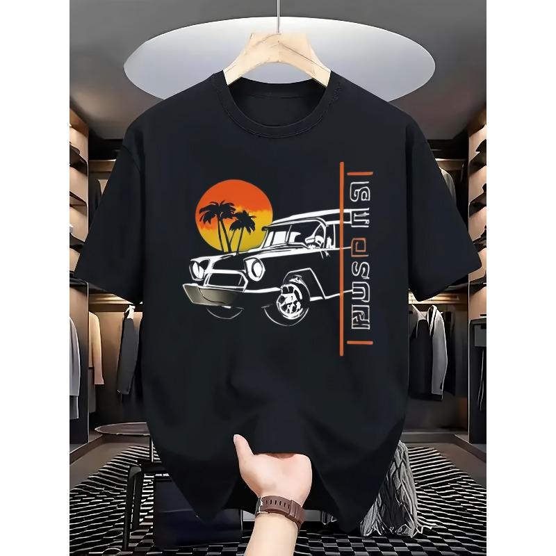 European Size Men's Vintage Car & Sunset T-Shirt - Retro Automotive Graphic Tee with Short Sleeve Crew Neck, Regular Fit Casual Shirt