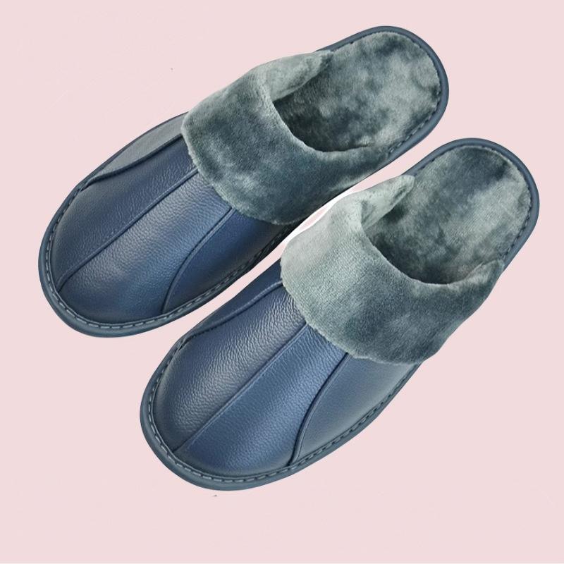 Luxury Cow Split Leather Handmade Men Home Slippers Winter Warm Slip On Soft Comfortable Bedroom Indoor Flat Men Women Padded Warm Slippers Shoes