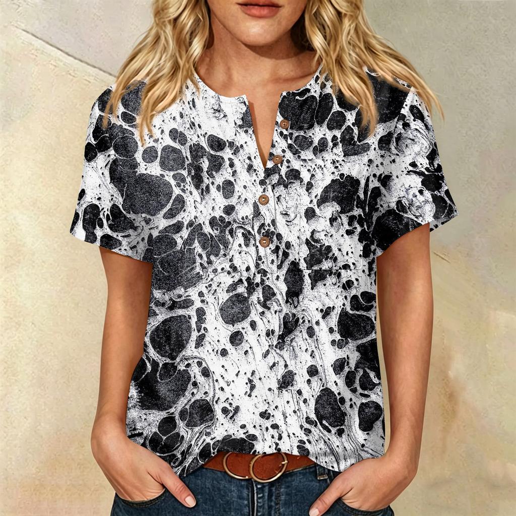 Women’s Printed Short Sleeve Henley Neck Shirt with Front Pocket Cotton Linen Material Relaxed Fit Casual Top
