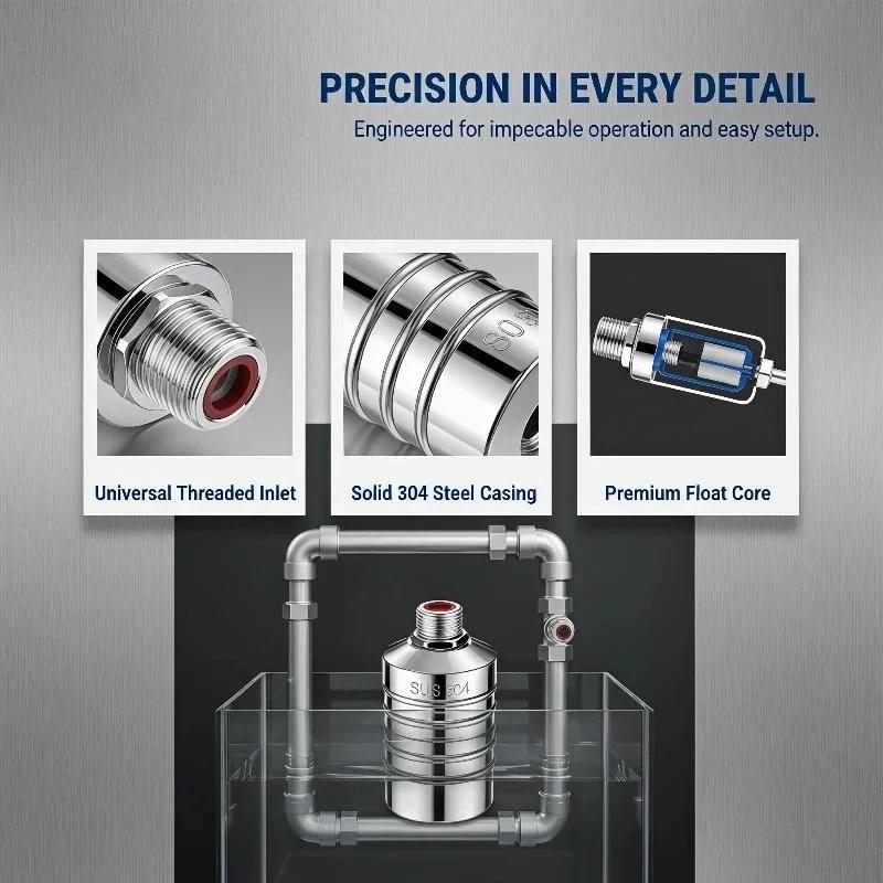 Automatic Water Level Control Float Valve (1/2 Inch); Made Of 304 Stainless Steel. Features Automatic Shut-Off When The Water