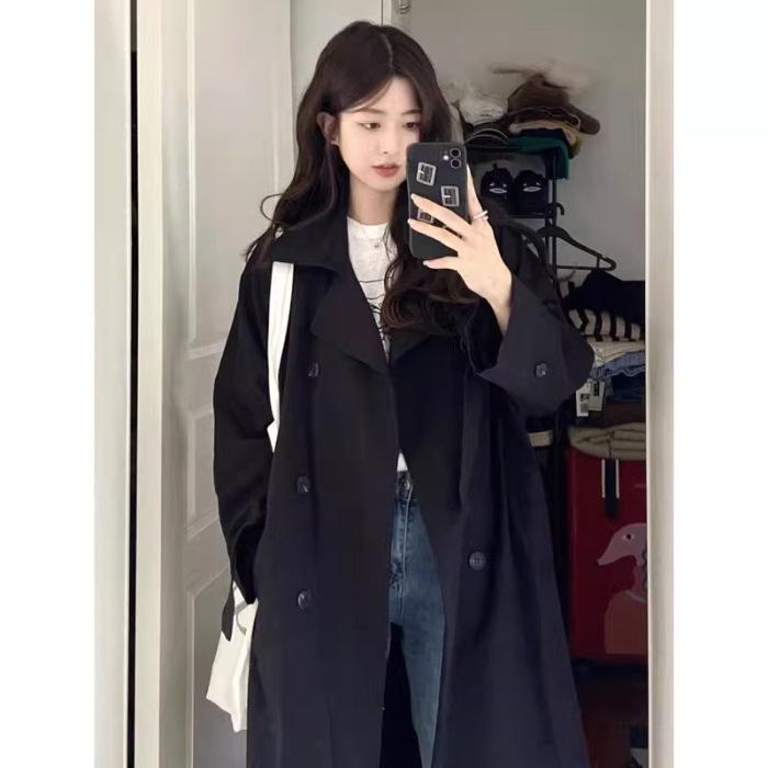 Women's Black Trench Coat: 2024 New Petite Mid-Length British Style for Autumn and Winter