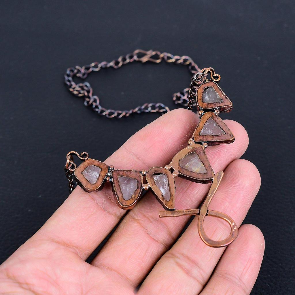 Rose Quartz Necklace, Gemstone Copper Electroformed Handmade Wonderful Jewelry Necklace, Gift for Introverted