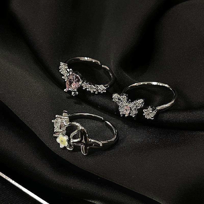 Sweet And Cool Pink Zircon Butterfly Open Ring Female Niche Design Cold Wind Fashion Personality Advanced Sense Index Finger Ring
