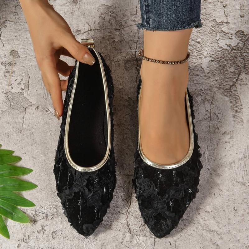 Summer New Single-shoe Women's Pointed Head Shallow Mouth Glitter Cloth Soft Sole Anti-slip Wear-resistant Flat Shoes