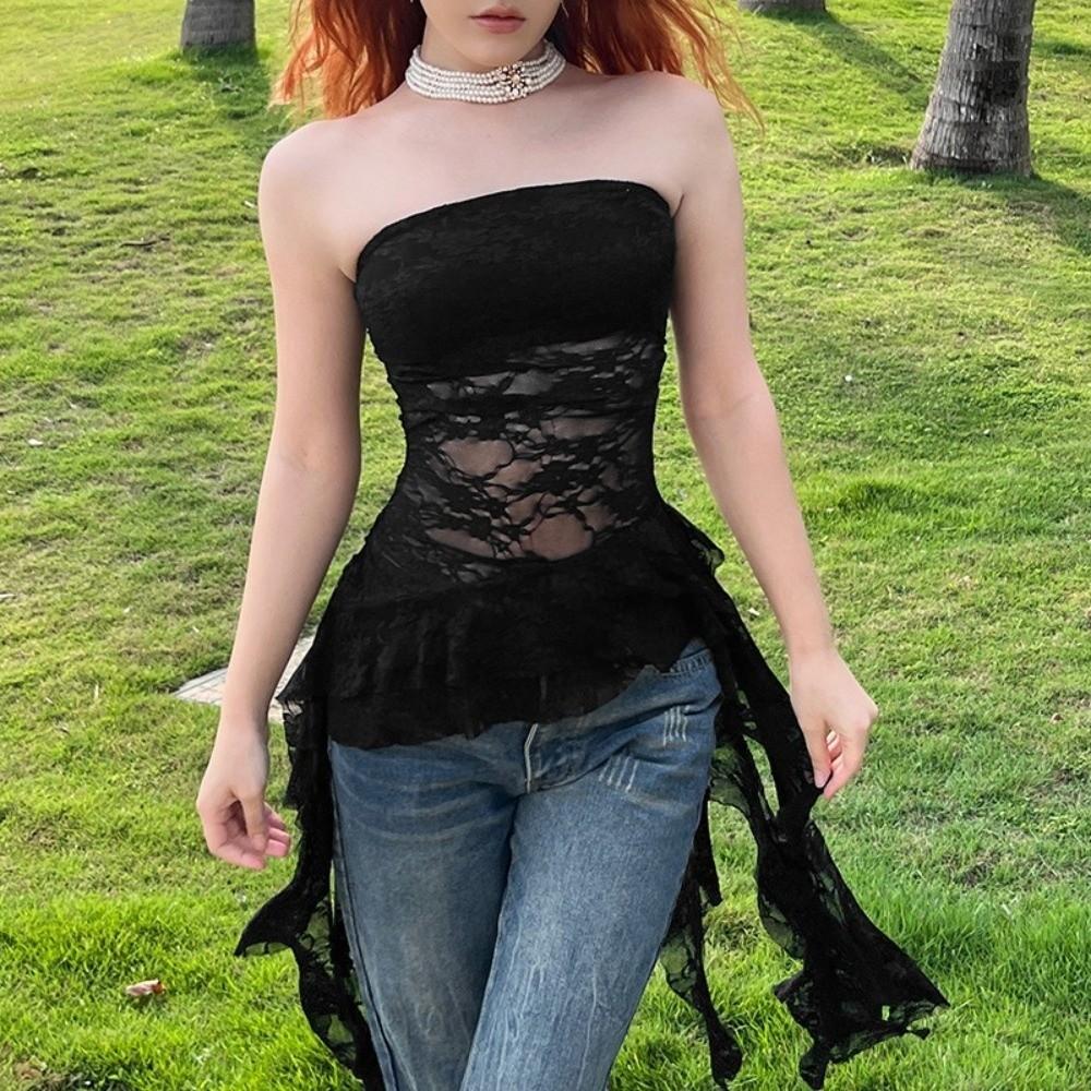 Off Shoulder Jellyfish Mesh Tube Top Irregular Hem Women Chic Tops Fashion Lace Ruffle Vest Party