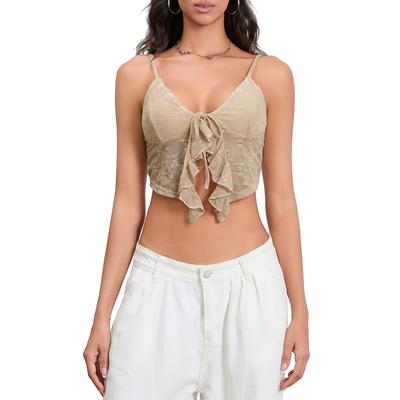 Damen Crop-Top mit Bindevorderseite, Camisole, Lässig, Sommer, Spitzenbesatz, Spaghettiträger, Tanktop, Ärmelloses T-Shirt für Club, Streetwear