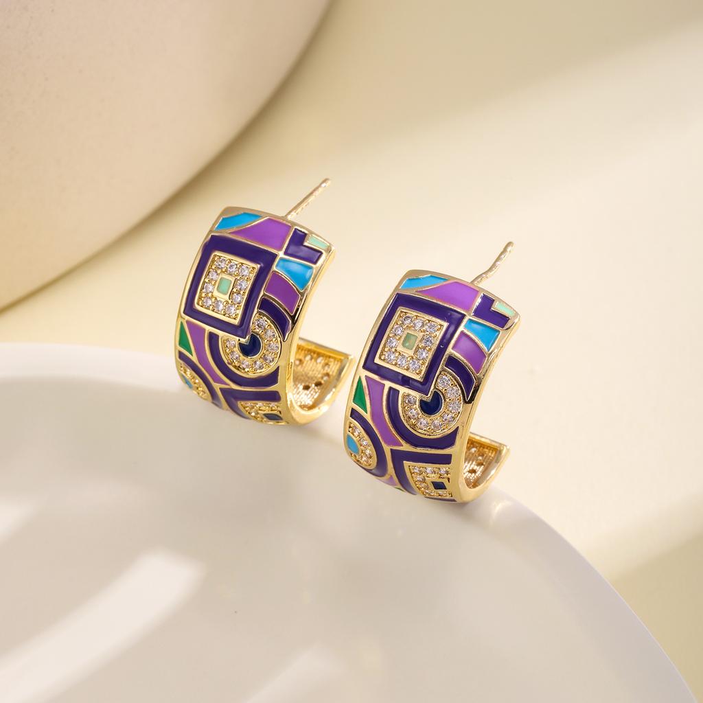 Nidin Vintage Colorful Enamel Geometric C Shape Stud Earrings For Women Inlaid Zircon Bohemian Ethnic Style Ear Jewelry Gifts