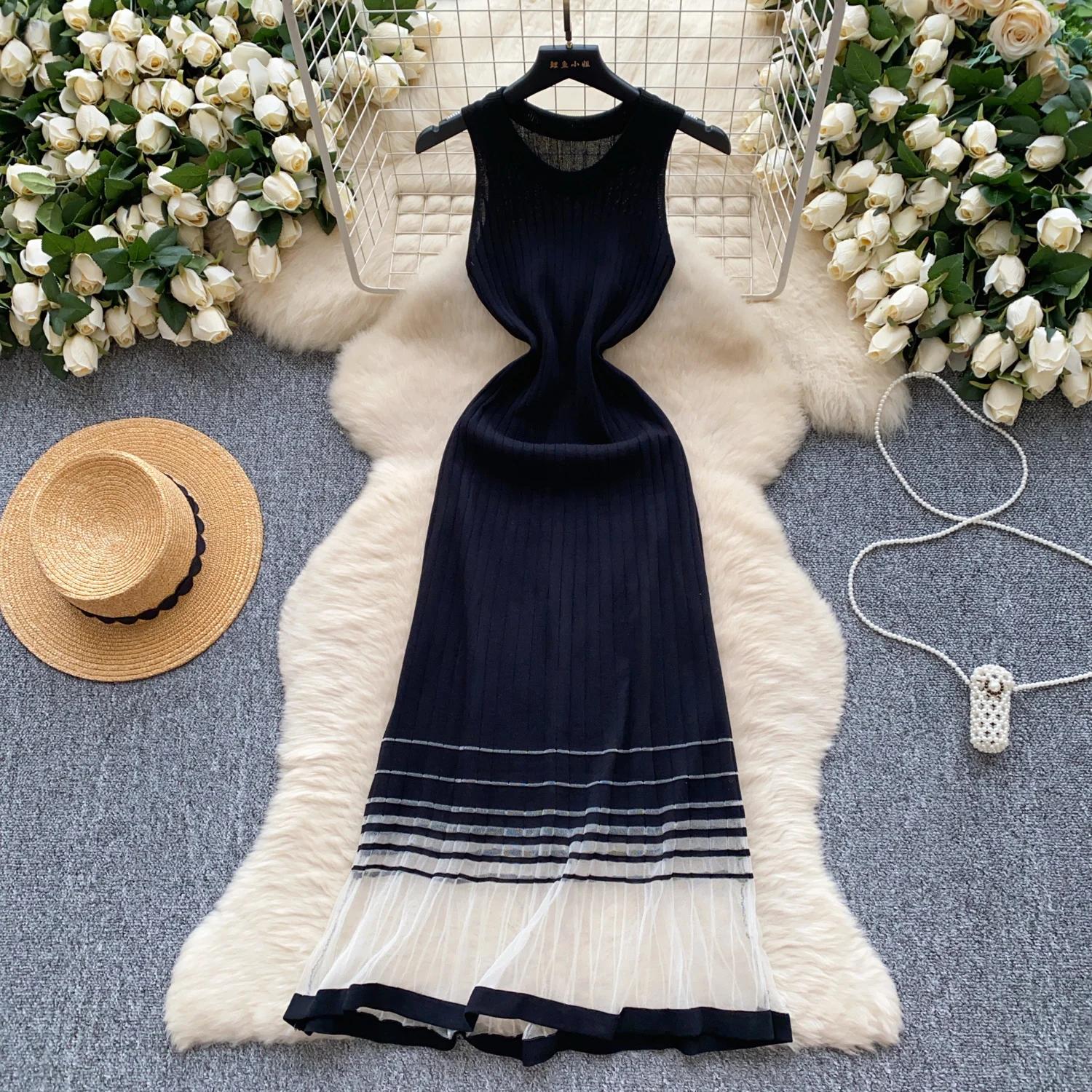 

Летний горячий сладкий О-образный вырез сексуальный без рукавов шикарный вязаный свитер сшитый сетчатый тонкий длинный платье французский вечерний High Street женская одежда One Size чёрный