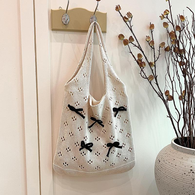 Aesthetic Knitted Bag Women Hollow Out Crochet Bow Handbag Large Capacity Handmade Tote Bag Summer Beach Woven Shoulder Bag