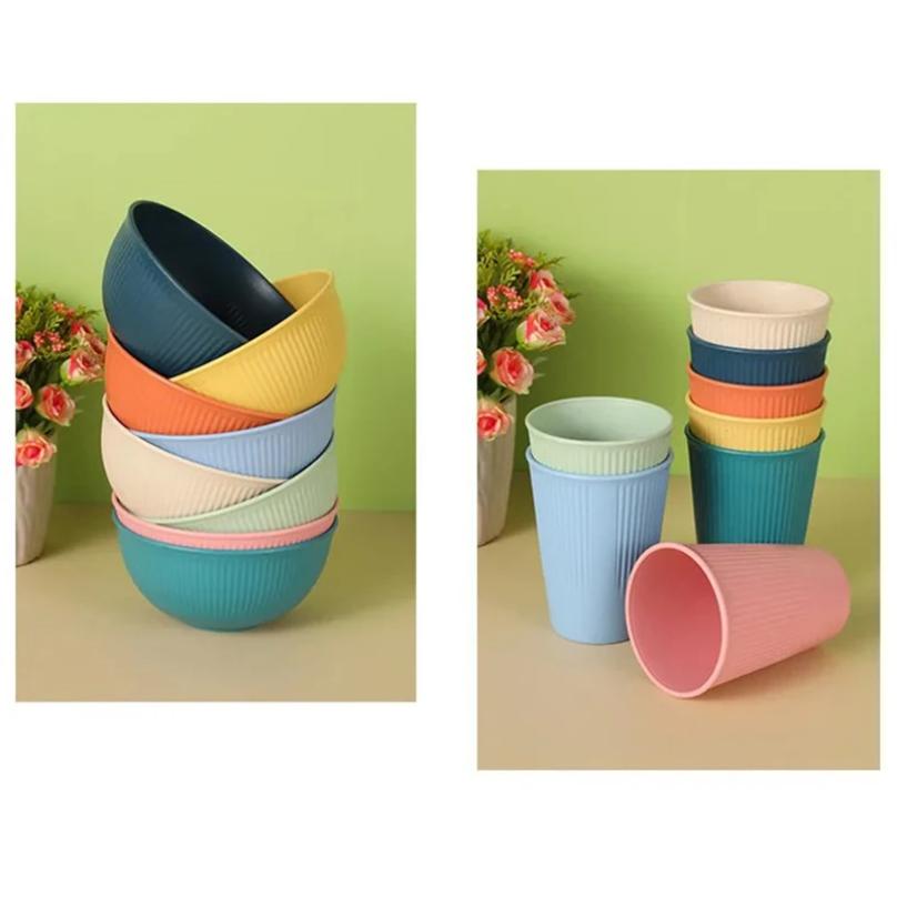 Set da tavola in paglia di grano 4 pezzi Eco-friendly Sicuro Piatti Tazze Ciotole Set di stoviglie per feste a casa Campeggio all'aperto Colore caramella Regalo