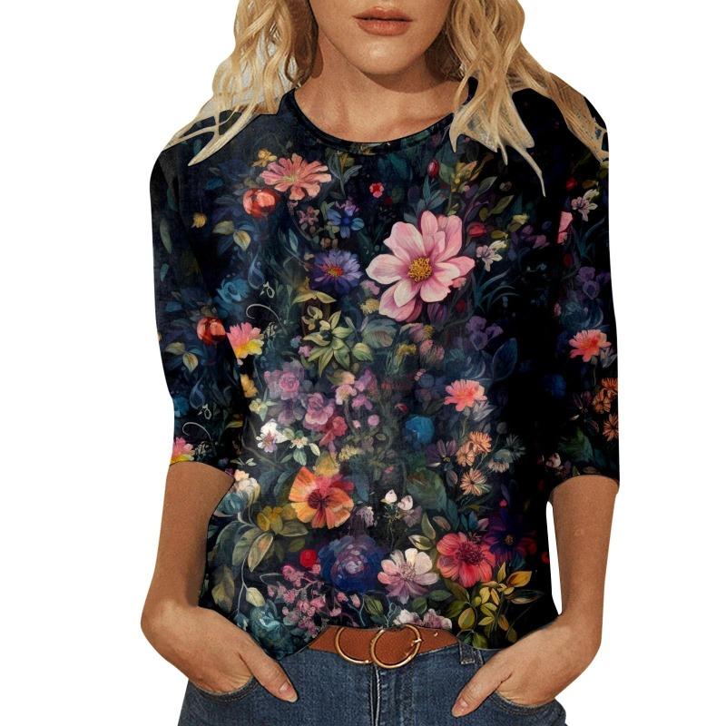 Women's T-shirt 3d Print Vintage Floral Print Casual Long Sleeve Round Neck Regular Tops Daily Print Pink, Spring and Autumn