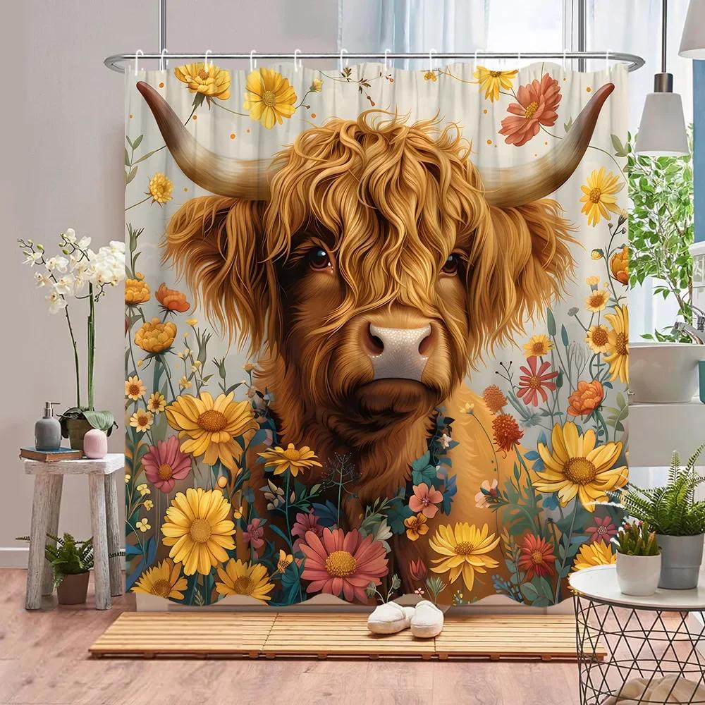 Wildtier Duschvorhang Blume Pflanze Löwe Kuh Tiger Dschungel Szenerie Cartoon Bauernhof Zuhause Polyester Stoff Badezimmer Dekor Vorhang Set