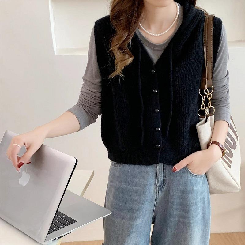 

Весна и осень Повседневный стиль завязывающийся на шнурок толстовка с капюшоном трикотажный жилет майка многослойный однотонный простой женский свободный жилет XXL чёрный