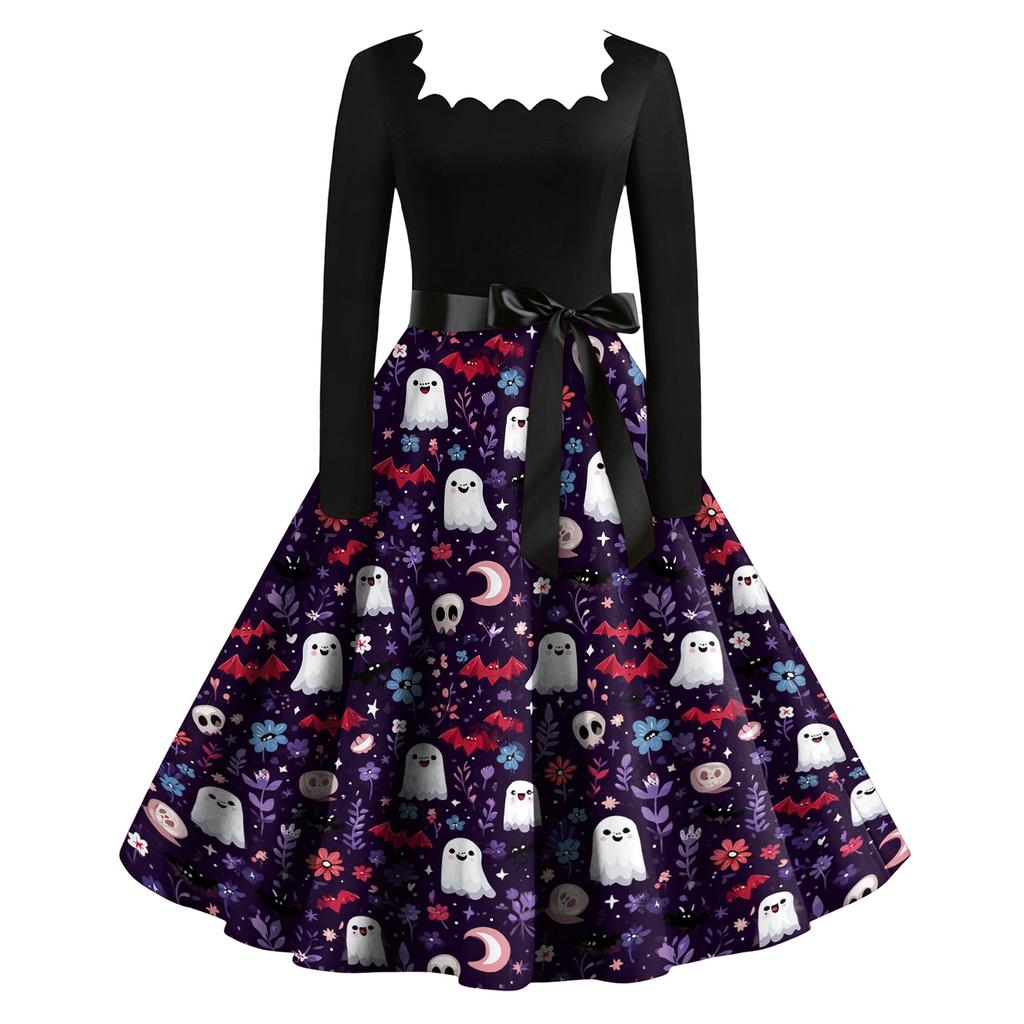Women's Retro Long Sleeve Square Neck Halloween Print Party Dress