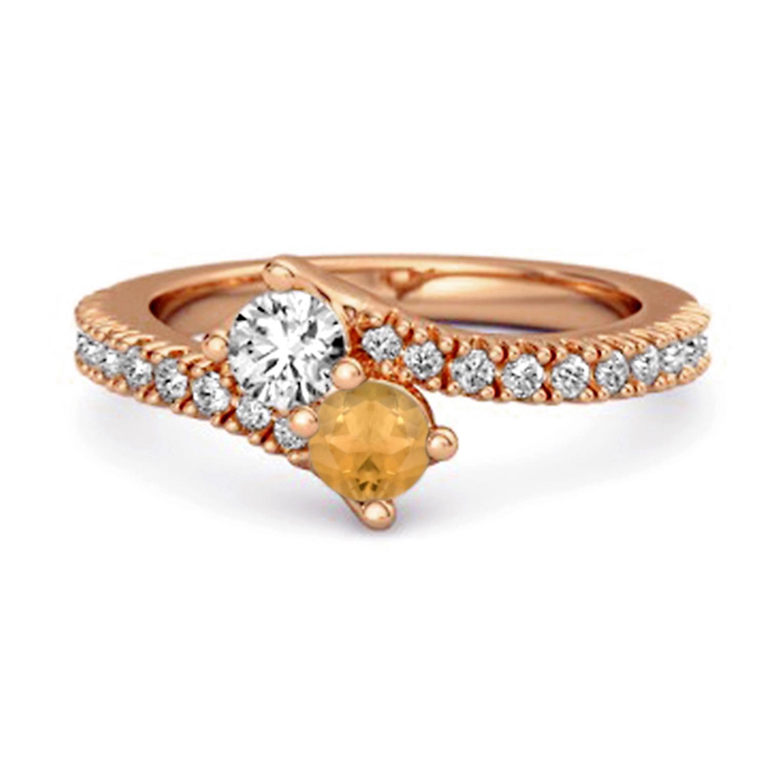 Citrine White Accents Double Row Embrace Ring - 925 Sterling Silver Rose Gold Vermeil 6
