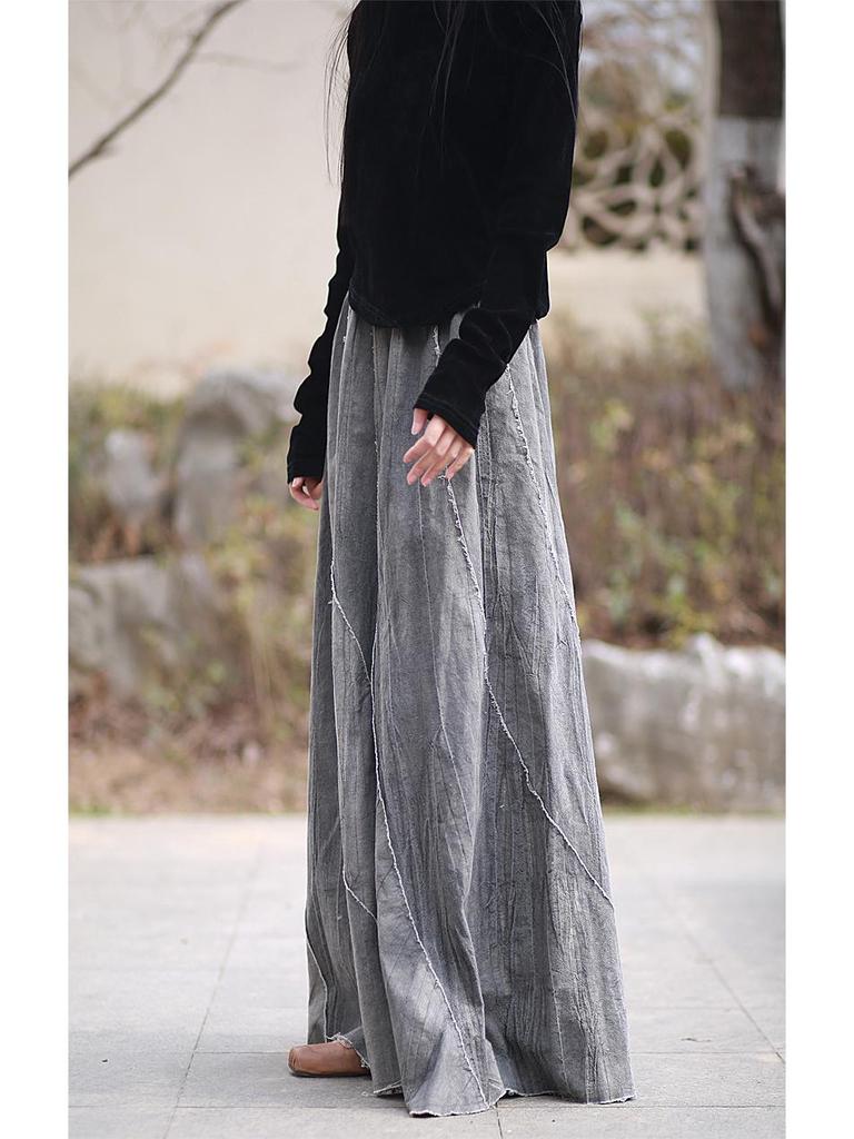 Spring/Summer Ramie Tie-Dye Patchwork Midi Skirt with Frayed Edges