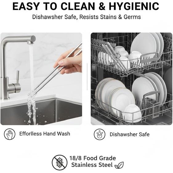 Stainless Steel Chopsticks 5 Pairs, 9 Inch Reble Metal Chop Sticks, Lightweight Hollow Design, Square Anti-Roll & Non-Slip Tips, Dishwasher Safe Food