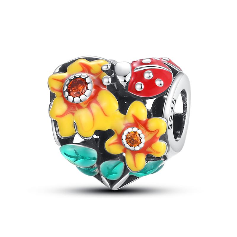 925 Sterling Copper Golden Sunflowers Heart Beads Pendant Charms Beads Fit 4MM Hole Diameter Bracelets Luxury Party DIY Zircon