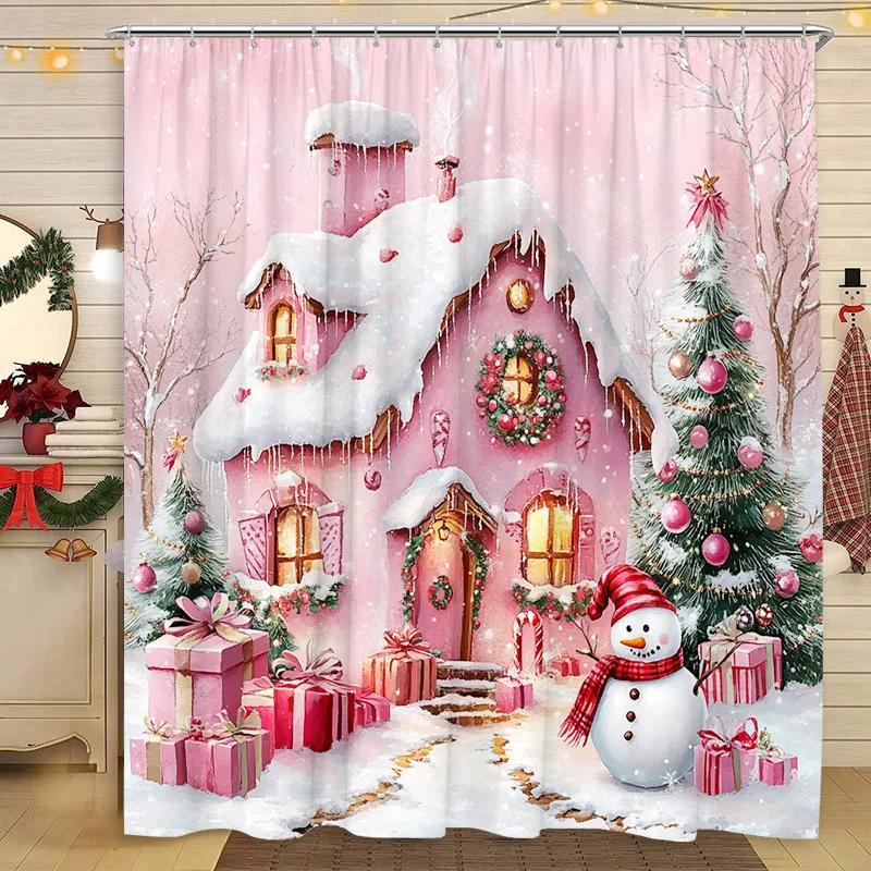 Christmas Shower Curtain Snowman Santa Claus Winter Snow Scene Christmas Gift Polyester Fabric Shower Curtains Bathroom Decor